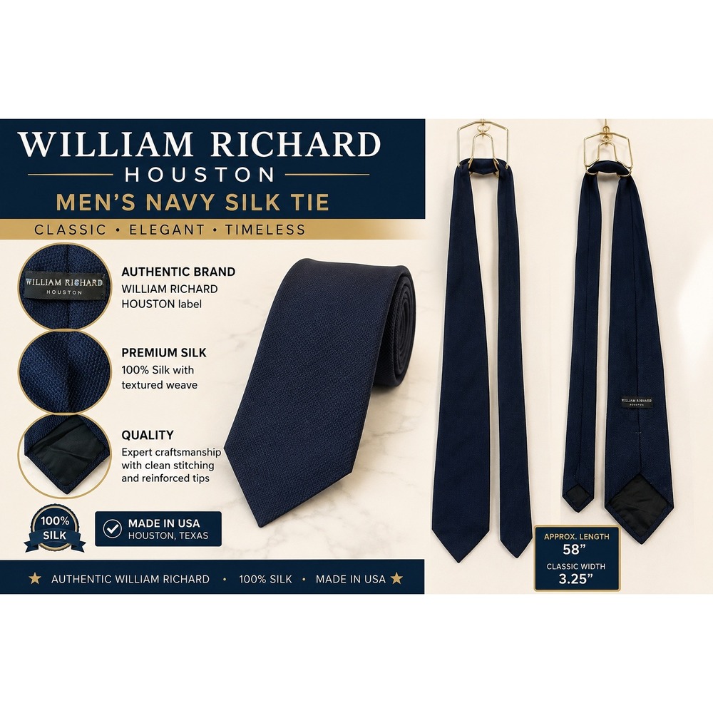 William Richard Houston Mens Navy Bl Silk Tie Textured Weave Made in USA 58x3.25